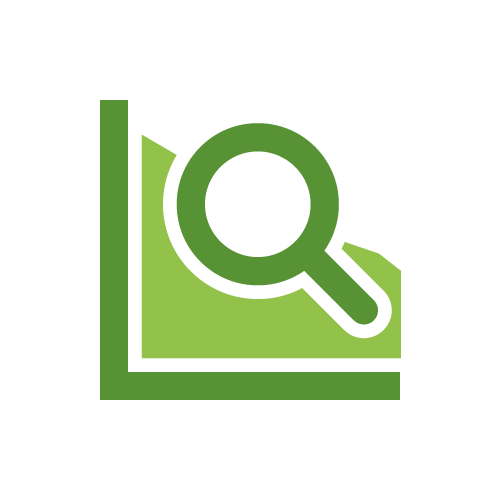 A light and dark green icon of a graph with a magnifying glass on it.