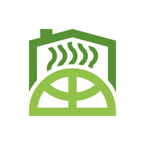 An icon in dark and light green, a building shape with a circular heater with waves of heat going up.
