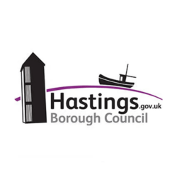 The logo for Hastings Borough Council with a boat house and boat riding a purple wave.