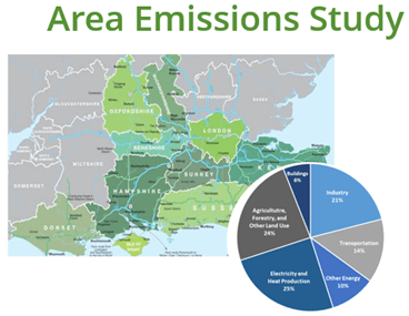 The words Area Emissions Study are at the top and a map of the South East of the UK, with various areas highlighted in shades of green to represent emission levels. There is also a pie chart with various shades of blue to show further breakdowns