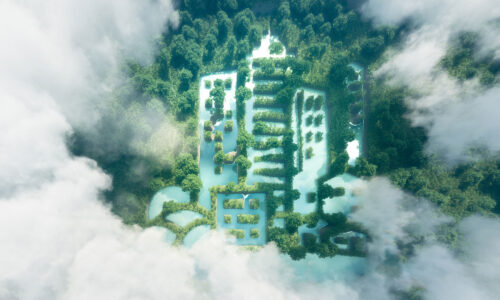 A bird eye view through clouds looking at the shape of an office building made out of trees