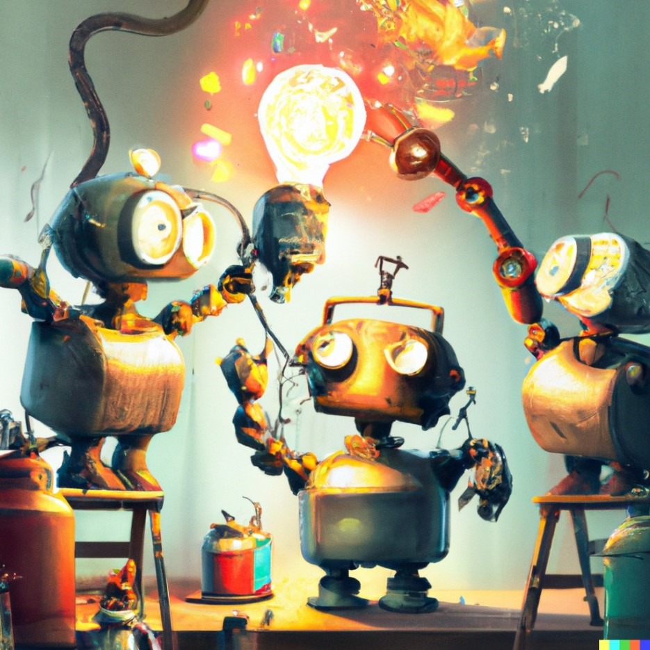 This image was produced by DALL.E the Ai image generator tool. It shows orange and yellow robots working on a lightbulb.