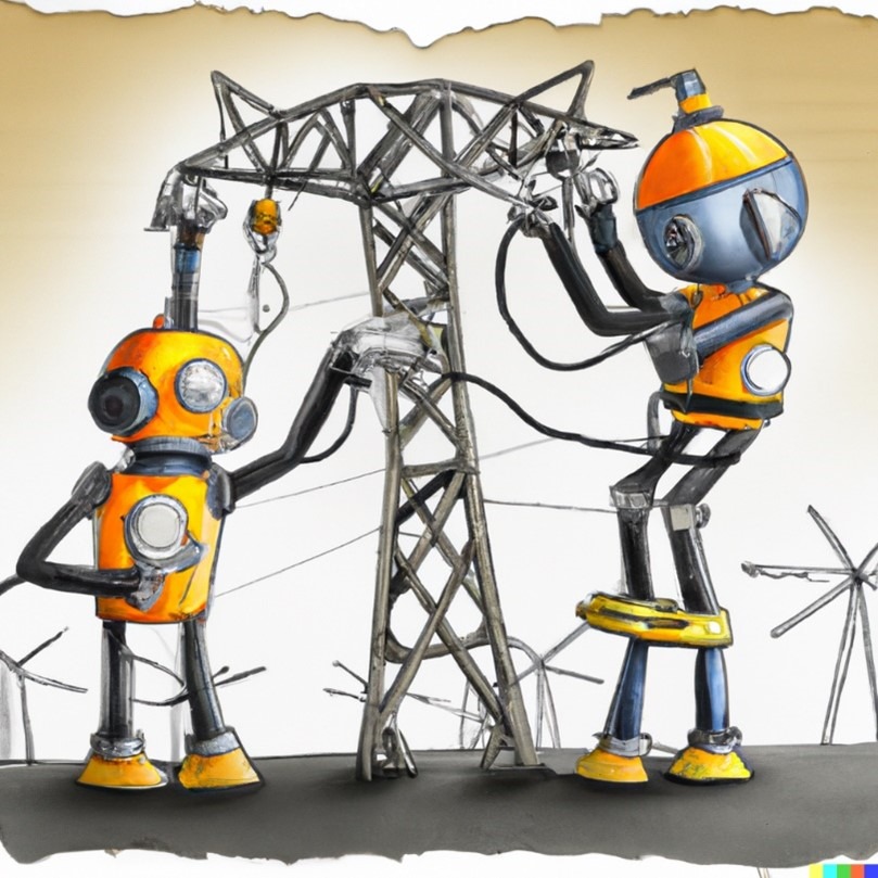 This image was produced by DALL.E the Ai image generator tool and it shows yellow and orange robots working on an electricity pilon.