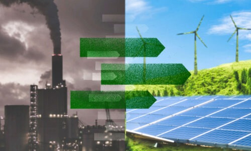 One half of the image shows a city scape filled with dirty factory air, it is dark, lots of greys, browns and blacks in colour, in the middle there are a set of green fuzzy arrows pointing to the right hand side which shows a solar panel, wind turbines in the background and a bright blue sky.