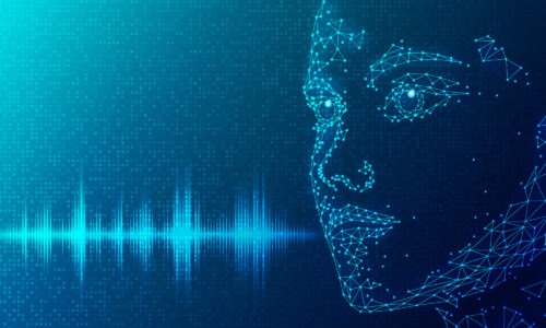 A blue background with a human face to the right made out of pixels/dots.