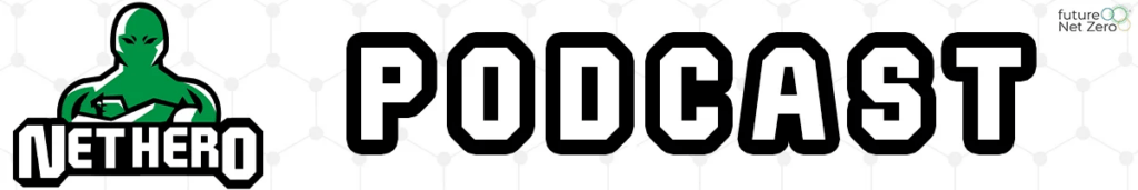 Image is the logo of the net hero podcast featuring podcast in big letters and a green man