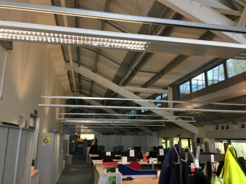 The image shows the LED lighting in the Ashford Highways Depot.